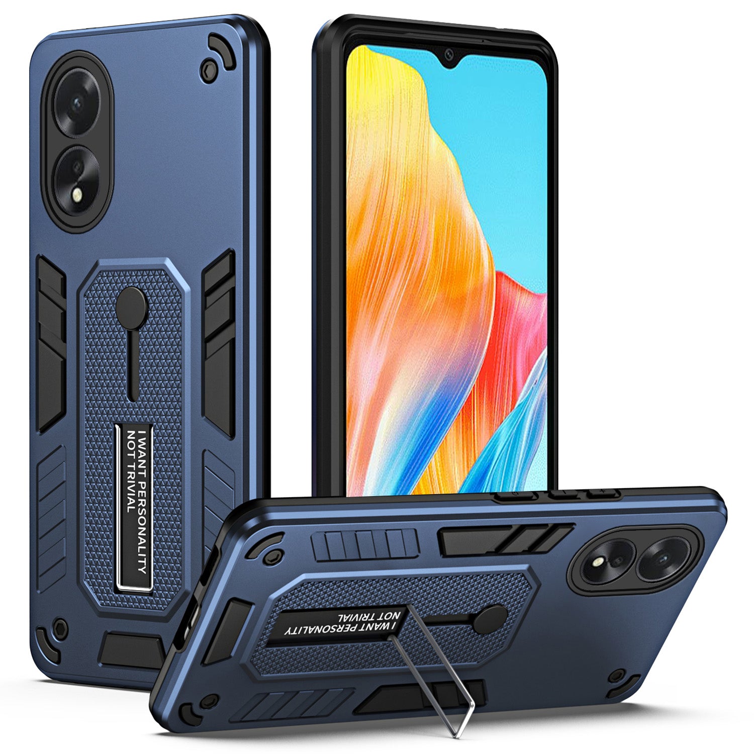 For Oppo A38 4G / A18 4G Kickstand Case TPU+PC Phone Protective Cover - Blue For Oppo A38 4G / A18 4G Kickstand Case TPU+PC Phone Protective Cover - Blue